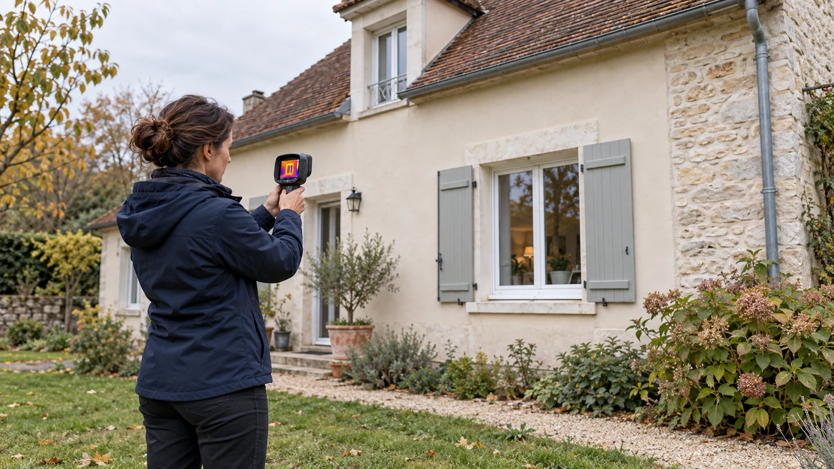 Une professionnelle examine la façade et les fenêtres d’une maison avec une caméra thermique.