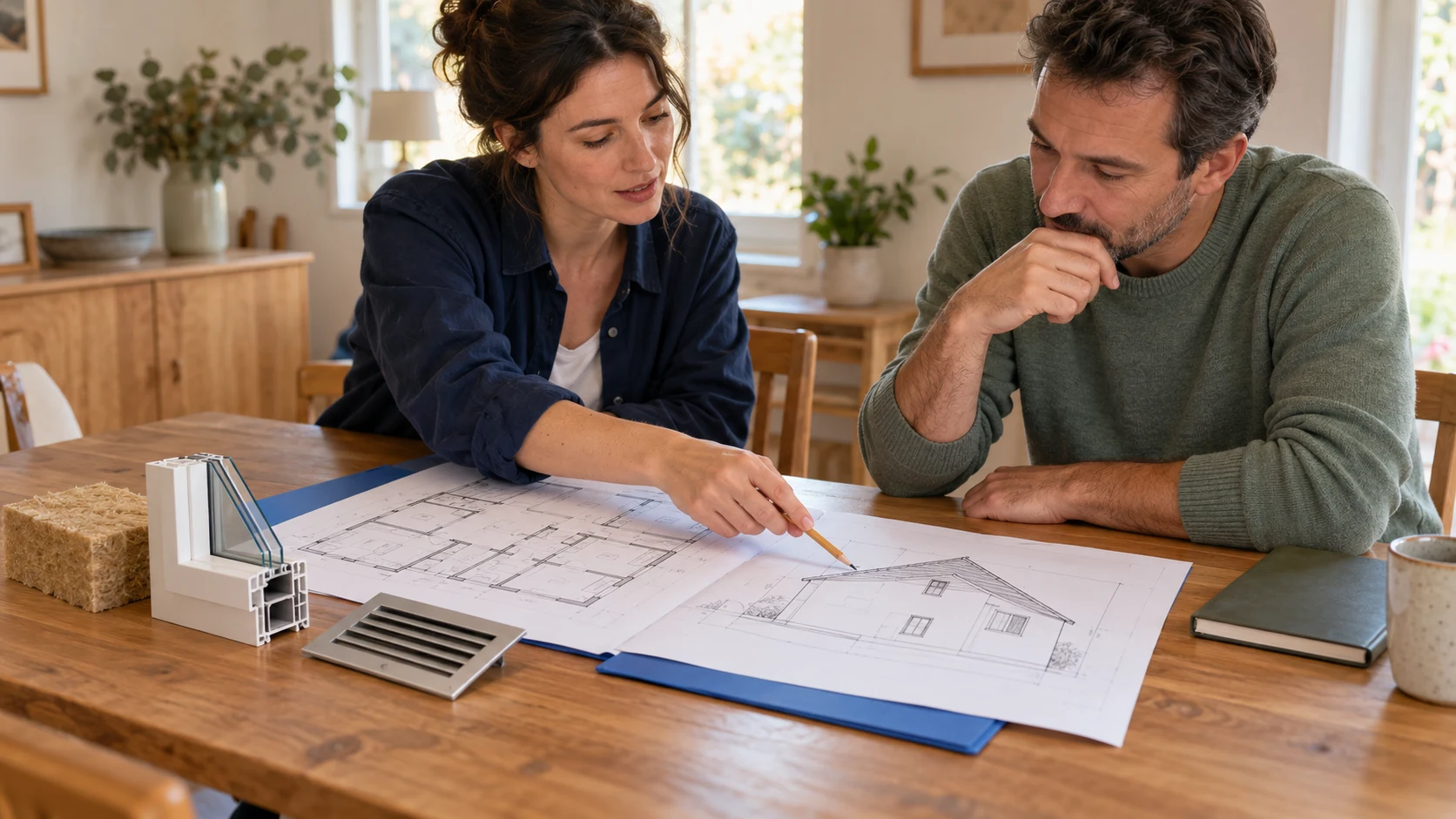Une conseillère et un particulier étudient les plans d’une maison et des échantillons d’isolation, de fenêtre et de ventilation.
